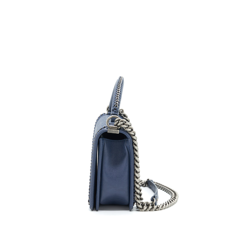 Chanel Boy Bag With Top Handle Navy Ruthenium Sliver Hardware