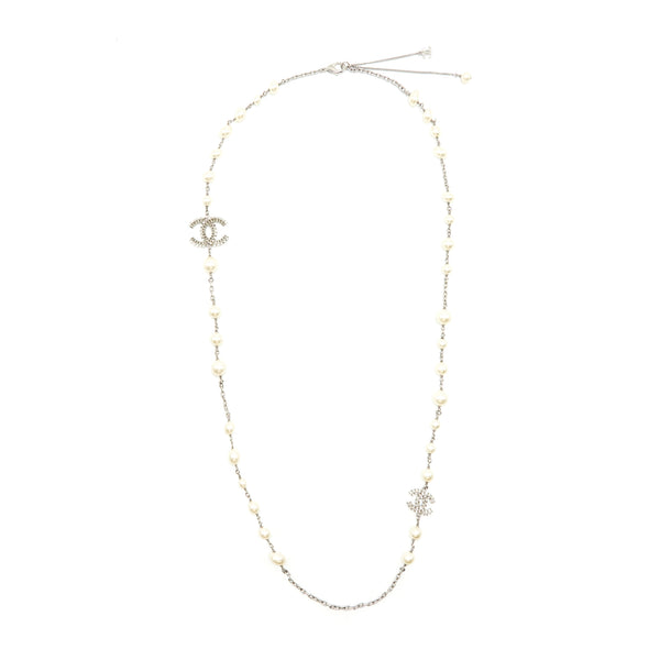 Chanel CC Logo And Pearl Long Necklace Silver Tone