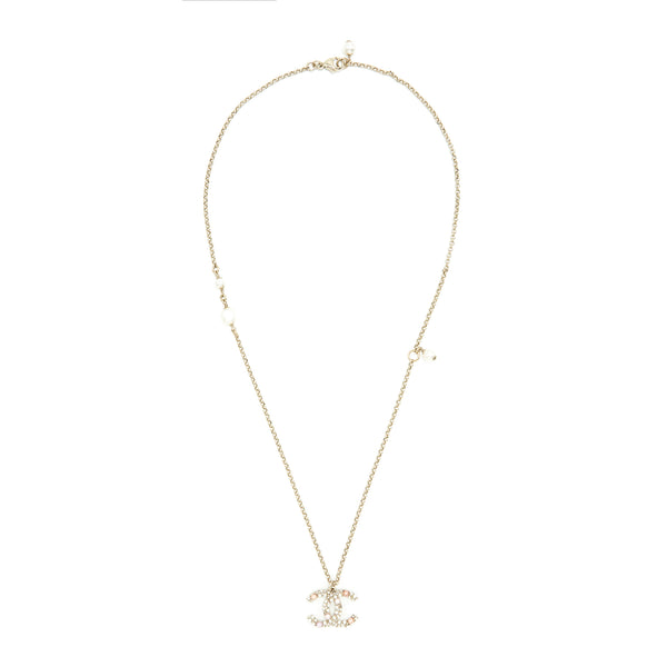 Chanel CC Logo And Pearl Necklace Light Gold Tone