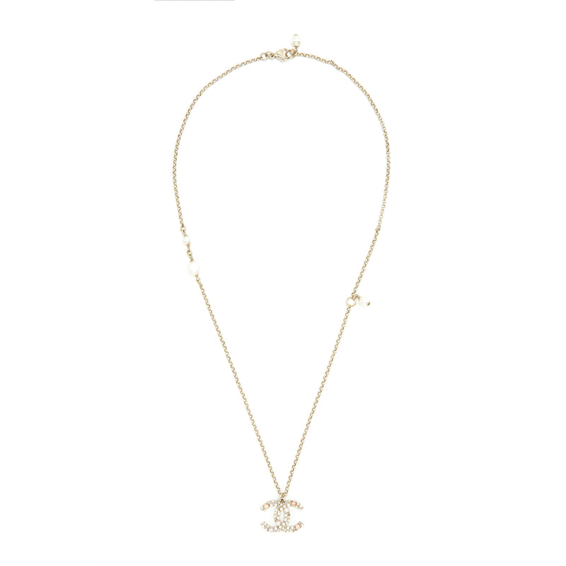 Chanel CC Logo And Pearl Necklace Light Gold Tone