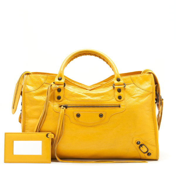 Balenciaga classic city bag yellow ruthenium hardware