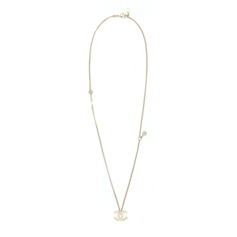 Chanel Pearl CC Logo Necklace Gold Tone