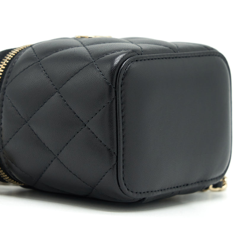 Black Lambskin Quilted Top Handle Mini Vanity Case With Chain