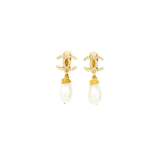 Chanel CC Logo Crystal With Pearl Drop Ear Clip Gold Tone