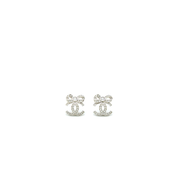 Chanel CC Logo And Bow Earrings Silver Tone