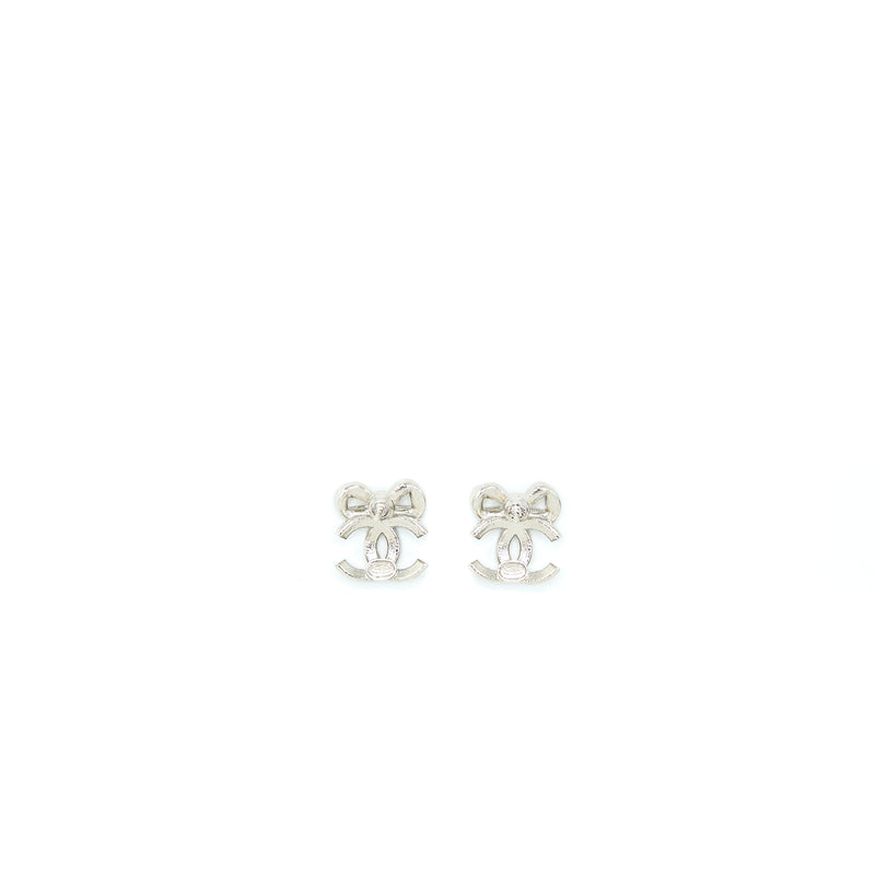 Chanel CC Logo And Bow Earrings Silver Tone