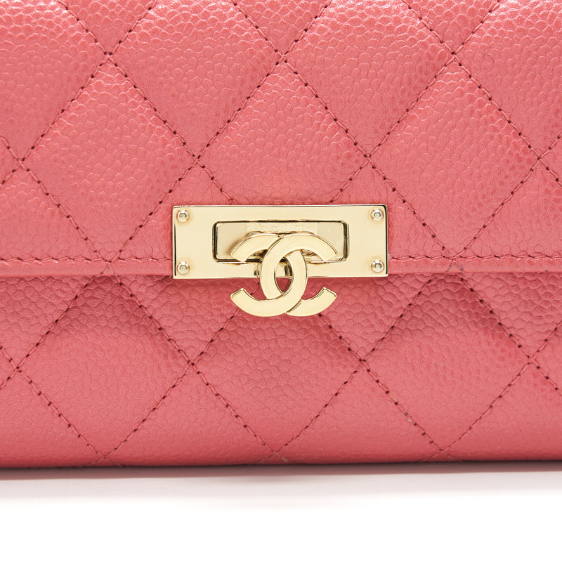 CHANEL CAVIAR FLAP WALLET ROSE PINK WITH GOLD CC LOGO