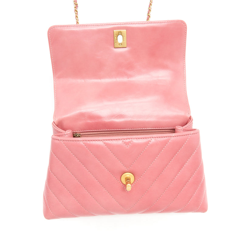 Chanel Small Coco Handle Chevron Calfskin With Lizard Handle Pink GHW