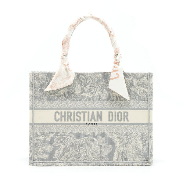 Dior Medium (Old Small) Book Tote Grey Toile De Jouy Reverse Embroidery With An Extra Twilly
