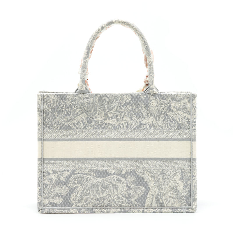 Dior Medium (Old Small) Book Tote Grey Toile De Jouy Reverse Embroidery With An Extra Twilly