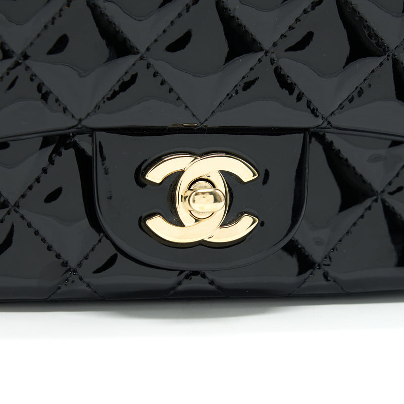 CHANEL MINI SQUARE FLAP BAG QUILTED PATENT LEATHER BLACK GHW