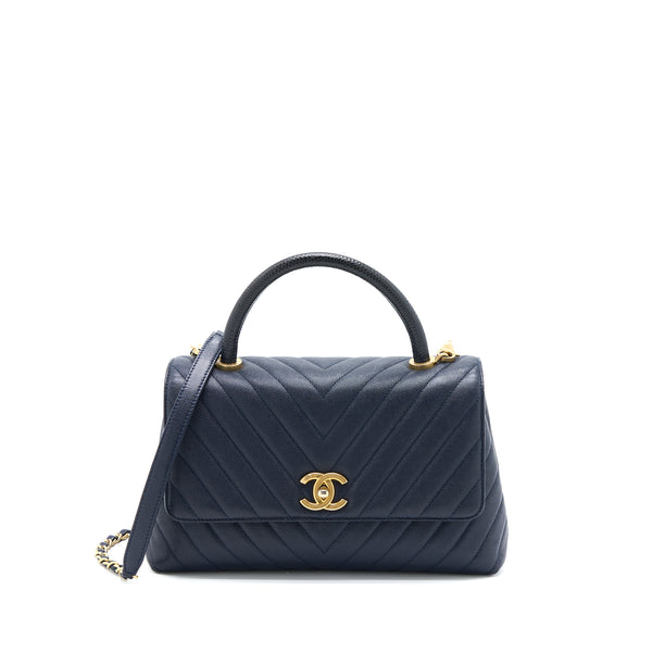 Chanel Medium Chevron Coco Handle Bag Caviar with Lizard Handle Navy Brushed GHW