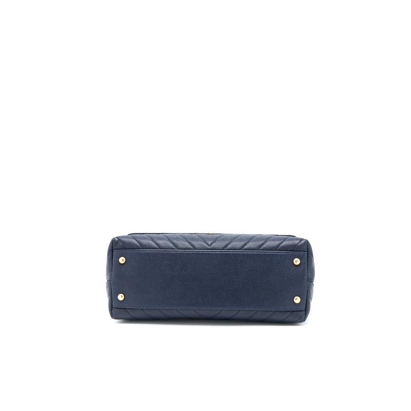Chanel Medium Chevron Coco Handle Bag Caviar with Lizard Handle Navy Brushed GHW