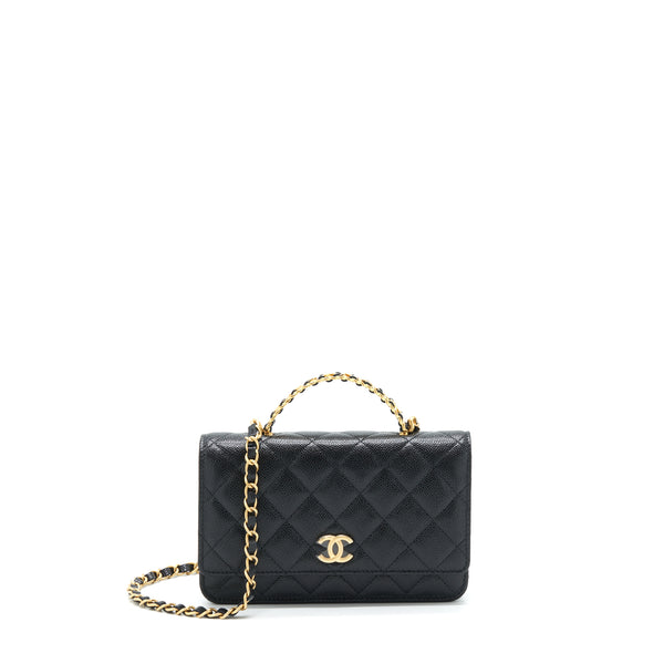 Chanel 22S Logo Top Handle Wallet On Chain Caviar Black GHW (Microchip)