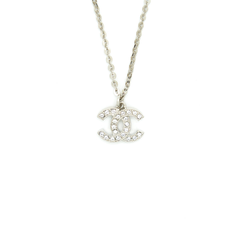 Chanel CC Logo Crystal Necklace Silver Tone