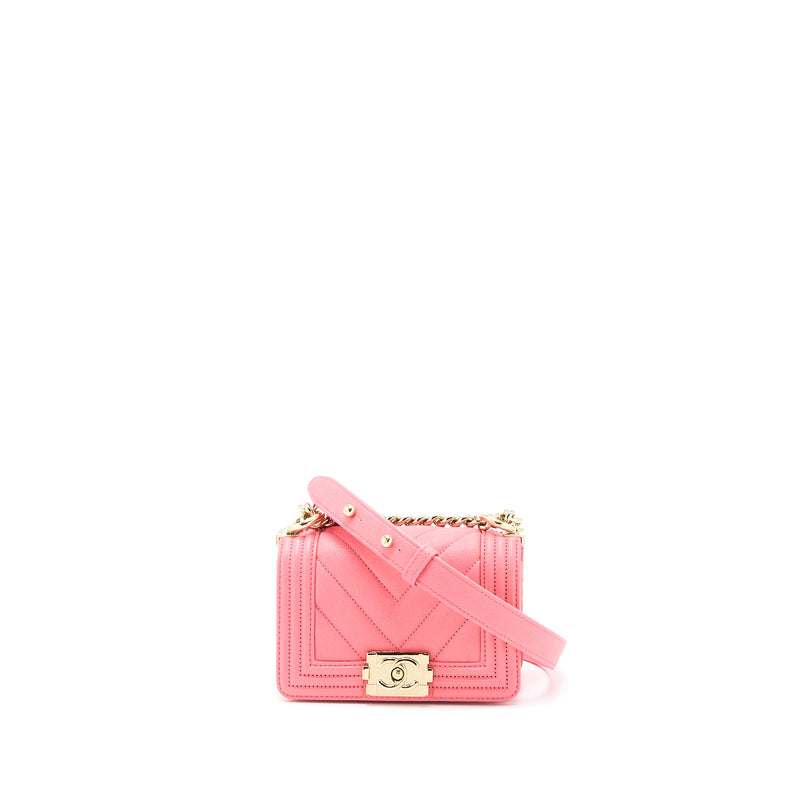 Chanel Super Mini Boy Bag Chevron Caviar Pink LGHW (Microchip)