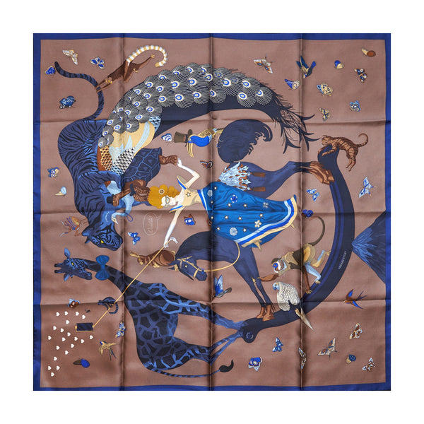 Hermes 90 x 90 Silk Scarf Hermes Story Marron/Bleu