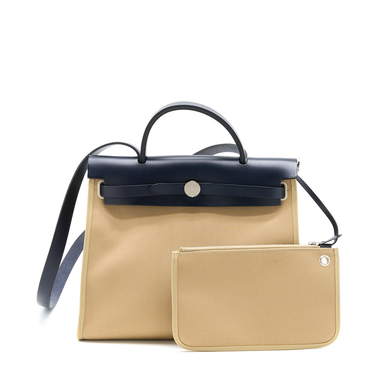 Hermes Herbag 31 Zip Bag Canvas/Hunter Trench/Blue Indigo SHW Stamp Z