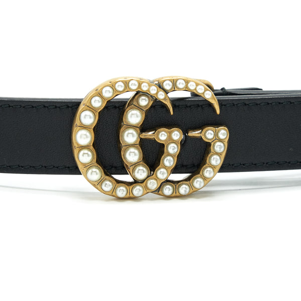 GUCCI Size 80 Leather Belt With Pearl Double G