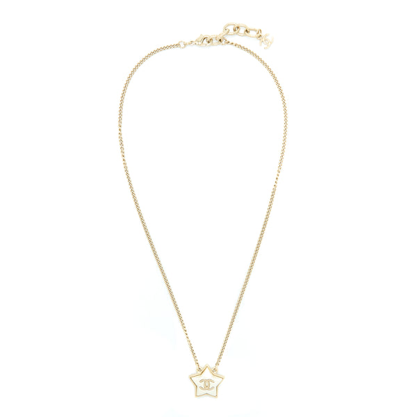 Chanel CC Logo Star Necklace White Light Gold Tone
