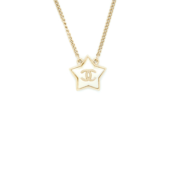 Chanel CC Logo Star Necklace White Light Gold Tone