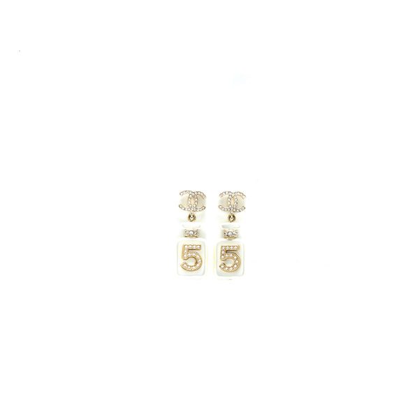 Chanel No.5 Perfume Bottle CC Logo Drop Crystal/Pearl Earrings Light Gold Tone