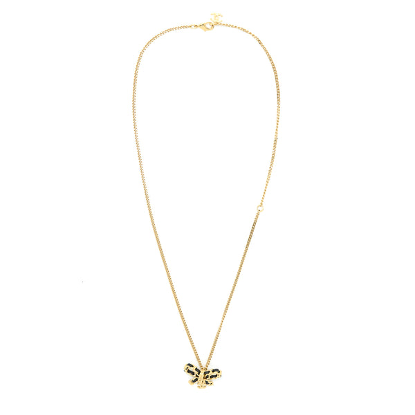 Chanel Leather Chain Bow Necklace Gold Tone