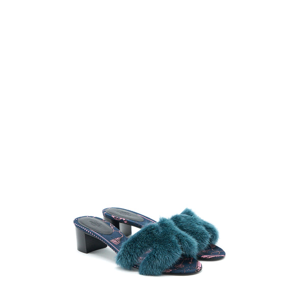 Hermes Size 38 Oran Mink Fur Sandal Blue Paon/Multicolour
