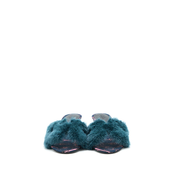 Hermes Size 38 Oran Mink Fur Sandal Blue Paon/Multicolour