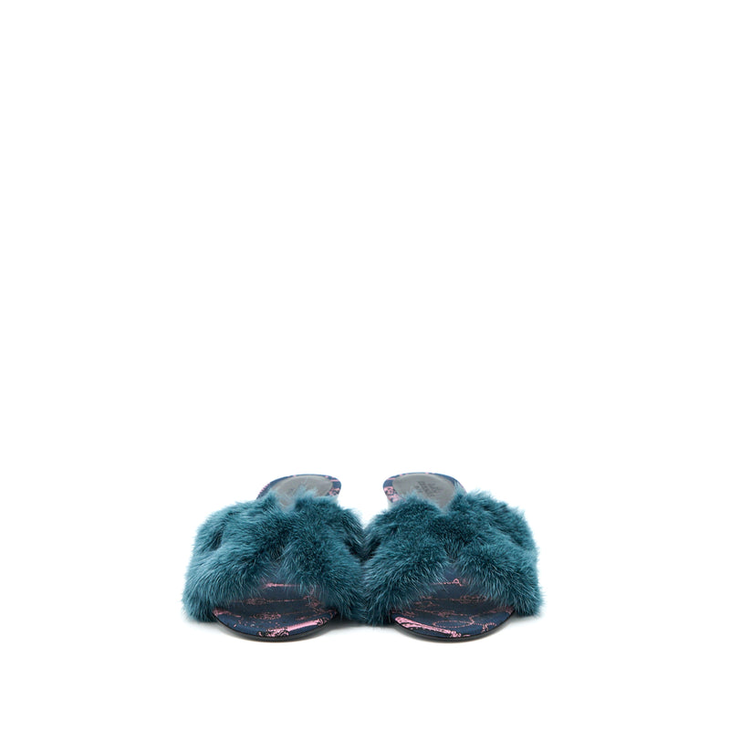 Hermes Size 38 Oran Mink Fur Sandal Blue Paon/Multicolour