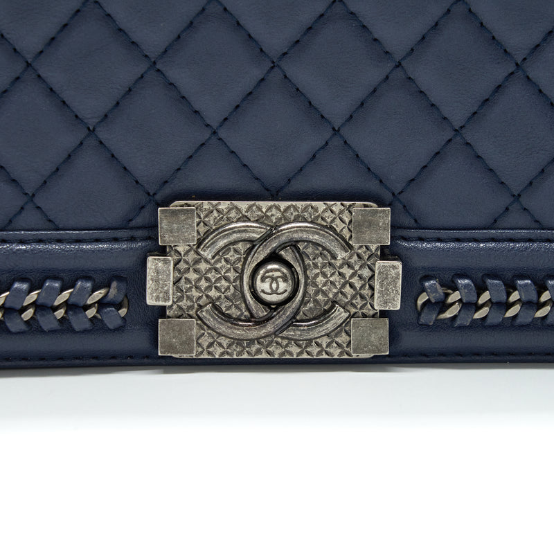 Chanel Boy Bag With Top Handle Navy Ruthenium Sliver Hardware