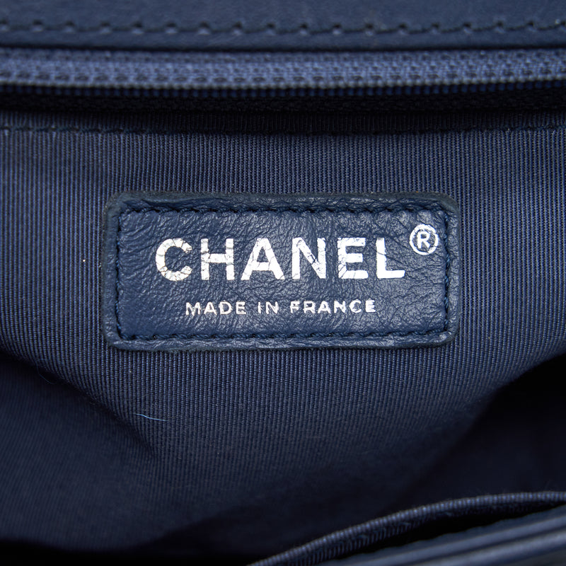 Chanel Boy Bag With Top Handle Navy Ruthenium Sliver Hardware
