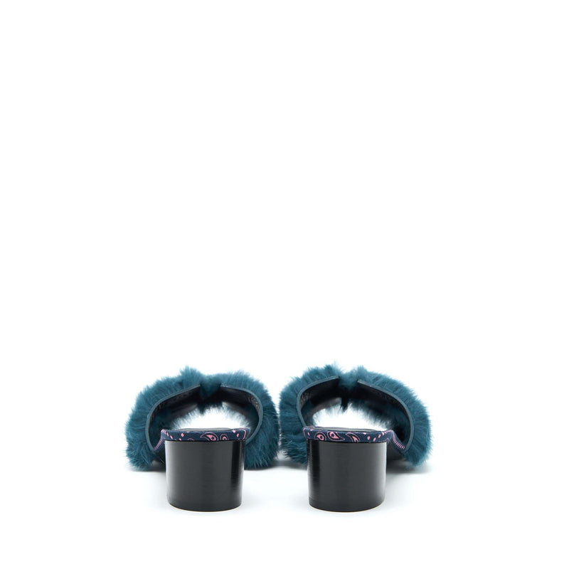Hermes Size 38 Oran Mink Fur Sandal Blue Paon/Multicolour