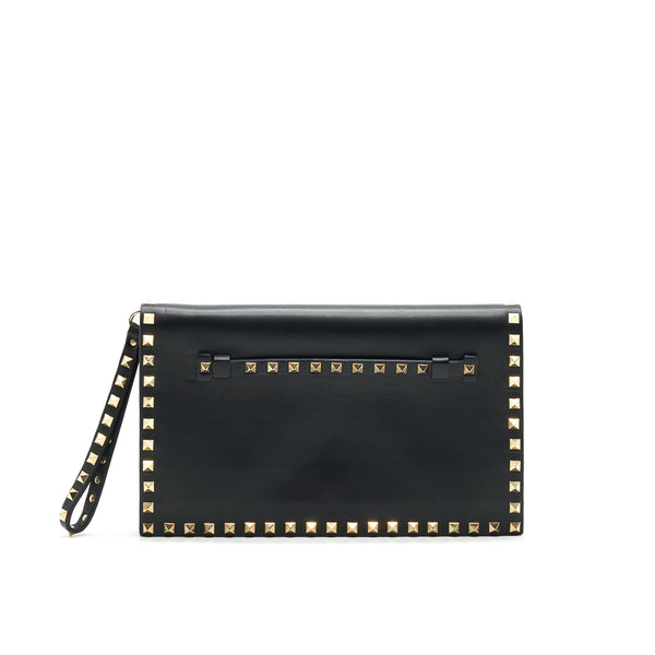 VALENTINO GARAVANI ROCKSTUD LEATHER CLUTCH BAG BLACK