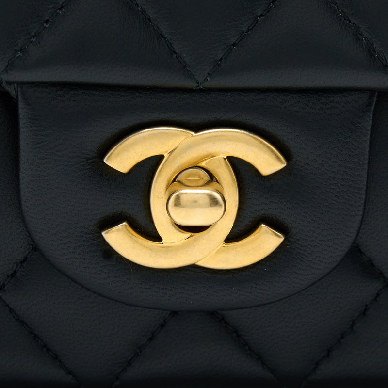 Chanel 21K Top Handle Mini Rectangular Flap Bag Lambskin Black Brushed GHW(Microchip)