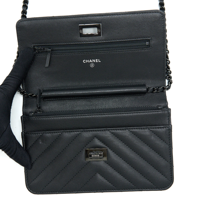Chanel 2.55 So Black Wallet On Chain Calfskin With Black Hardware