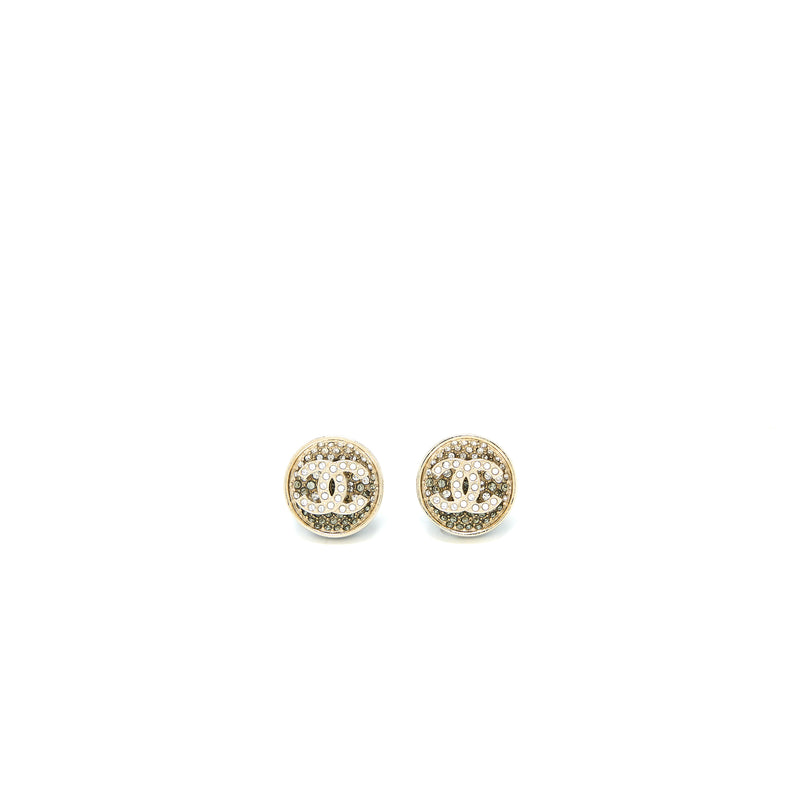 Chanel 23P CC Logo Crystal Round Earrings Light Gold Tone