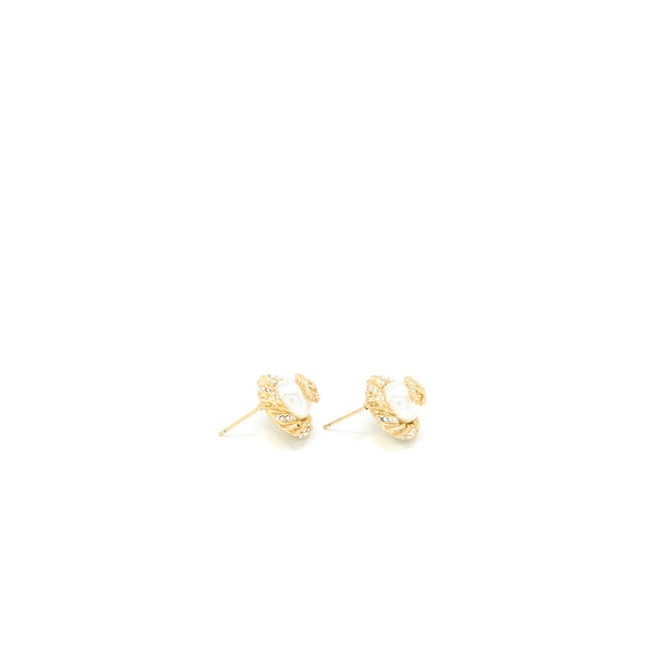 Chanel Round CC Logo Earrings Pearl/Crystal Light Gold Tone