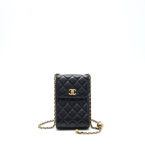 Chanel Pearl Crush Phone Case With Chain Lambskin Black GHW