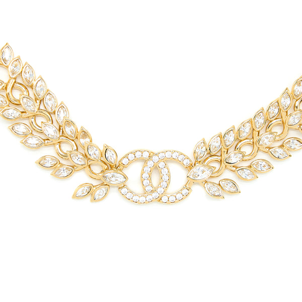 Chanel CC Logo/Leaf Necklace/Chocker Crystal/Leather Chain Gold Tone