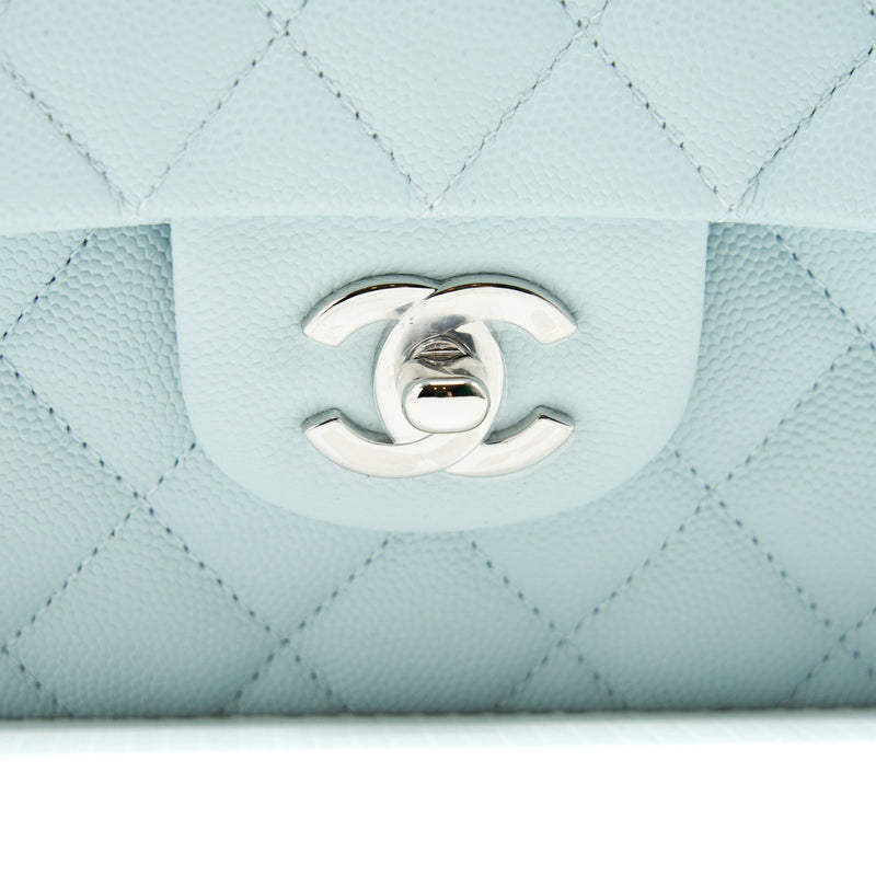 Chanel 21K Small Classic Double Flap Bag Caviar Light Blue SHW (Microchip)