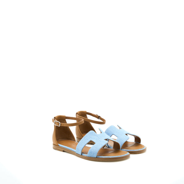 Hermes Size 37.5 Santorini Sandals Denim Canvas/Leather Blue Clair/Natural SHW