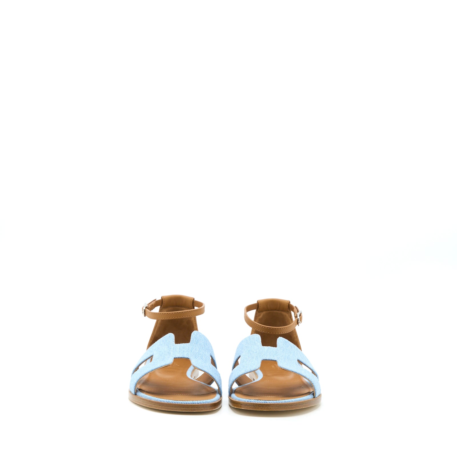 Hermes Size 37.5 Santorini Sandals Denim Canvas/Leather Blue Clair/Nat