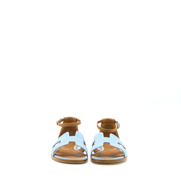 Hermes Size 37.5 Santorini Sandals Denim Canvas/Leather Blue Clair/Natural SHW