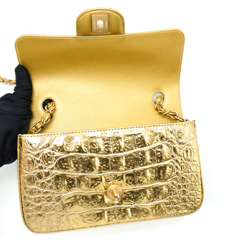 Chanel Mini Rectangular Flap Bag Croc Embossed Calfskin Gold GHW