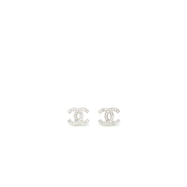 Chanel CC Logo Earrings Crystal Silver Tone