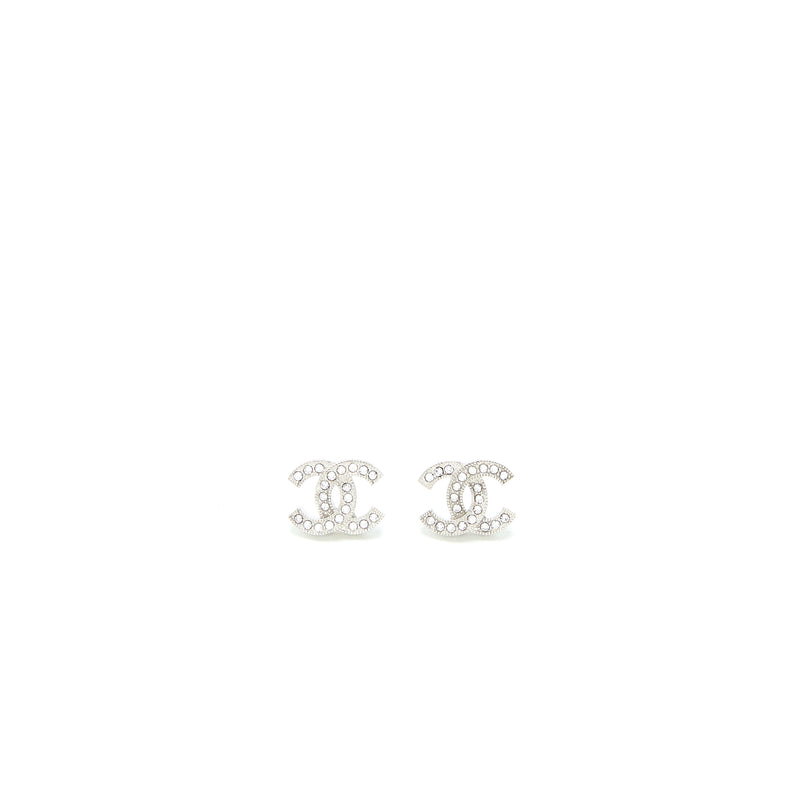 Chanel CC Logo Earrings Crystal Silver Tone