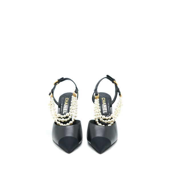 Chanel Size 39 Heel with Pearl Leather/Fabric Black GHW