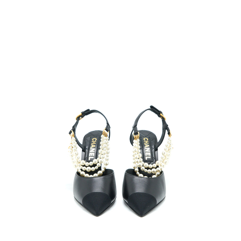 Chanel Size 39 Heel with Pearl Leather/Fabric Black GHW