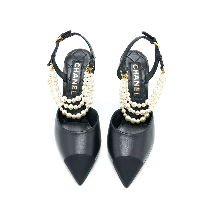 Chanel Size 39 Heel with Pearl Leather/Fabric Black GHW